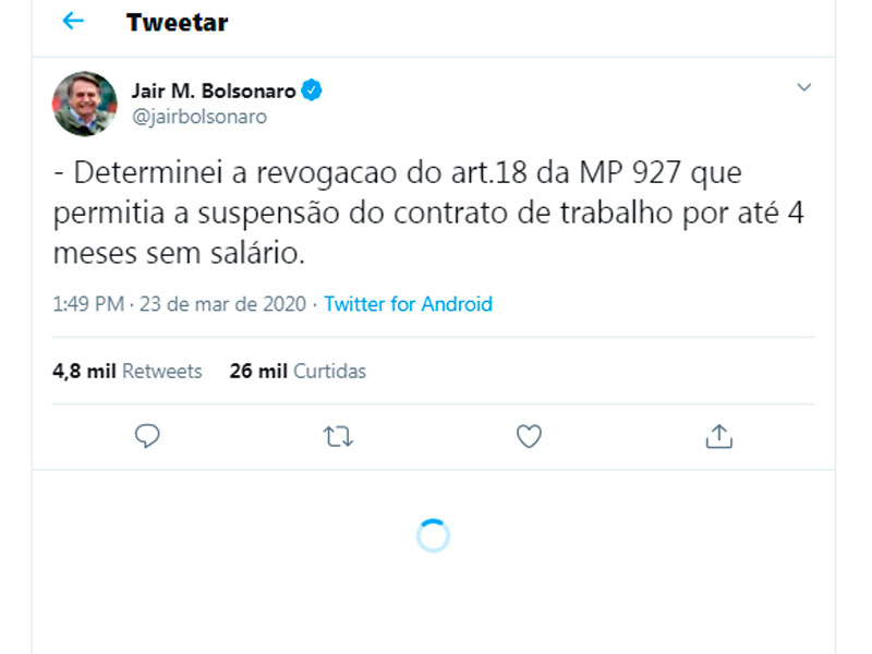 Presidente revoga artigo que suspendia contrato de trabalho
