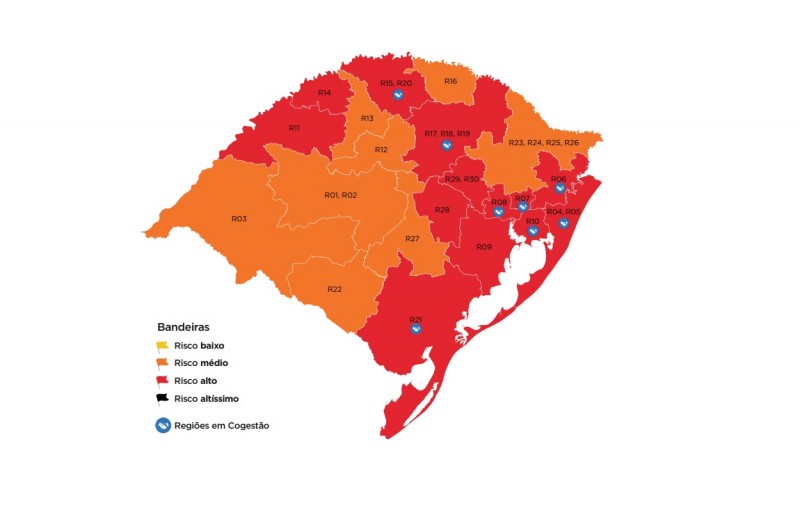 Mapa preliminar da 16ª rodada do Distanciamento Controlado tem 13 regiões vermelhas