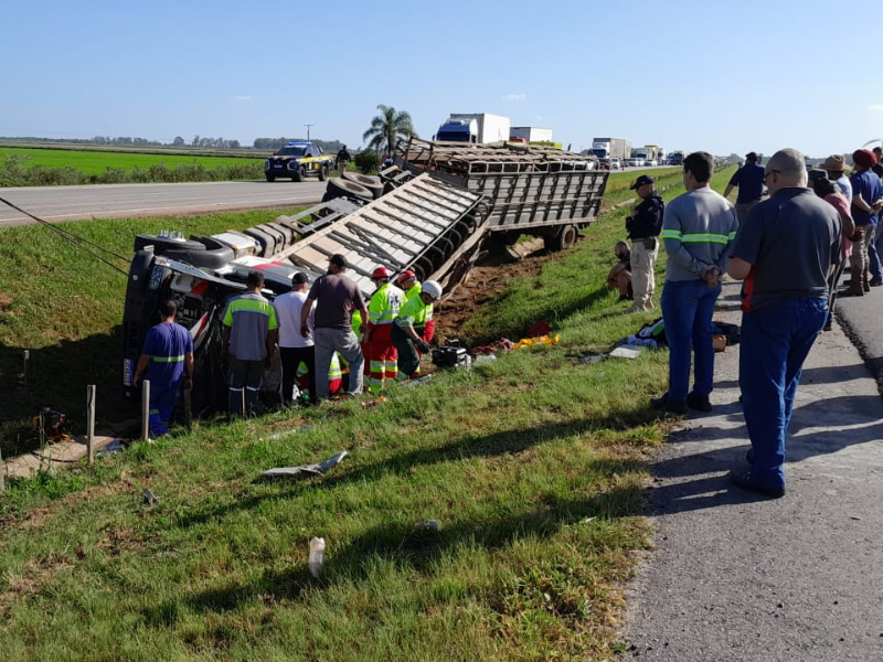 Carreta com carga viva sai da pista e bloqueia BR-116 entre Pelotas e Camaquã